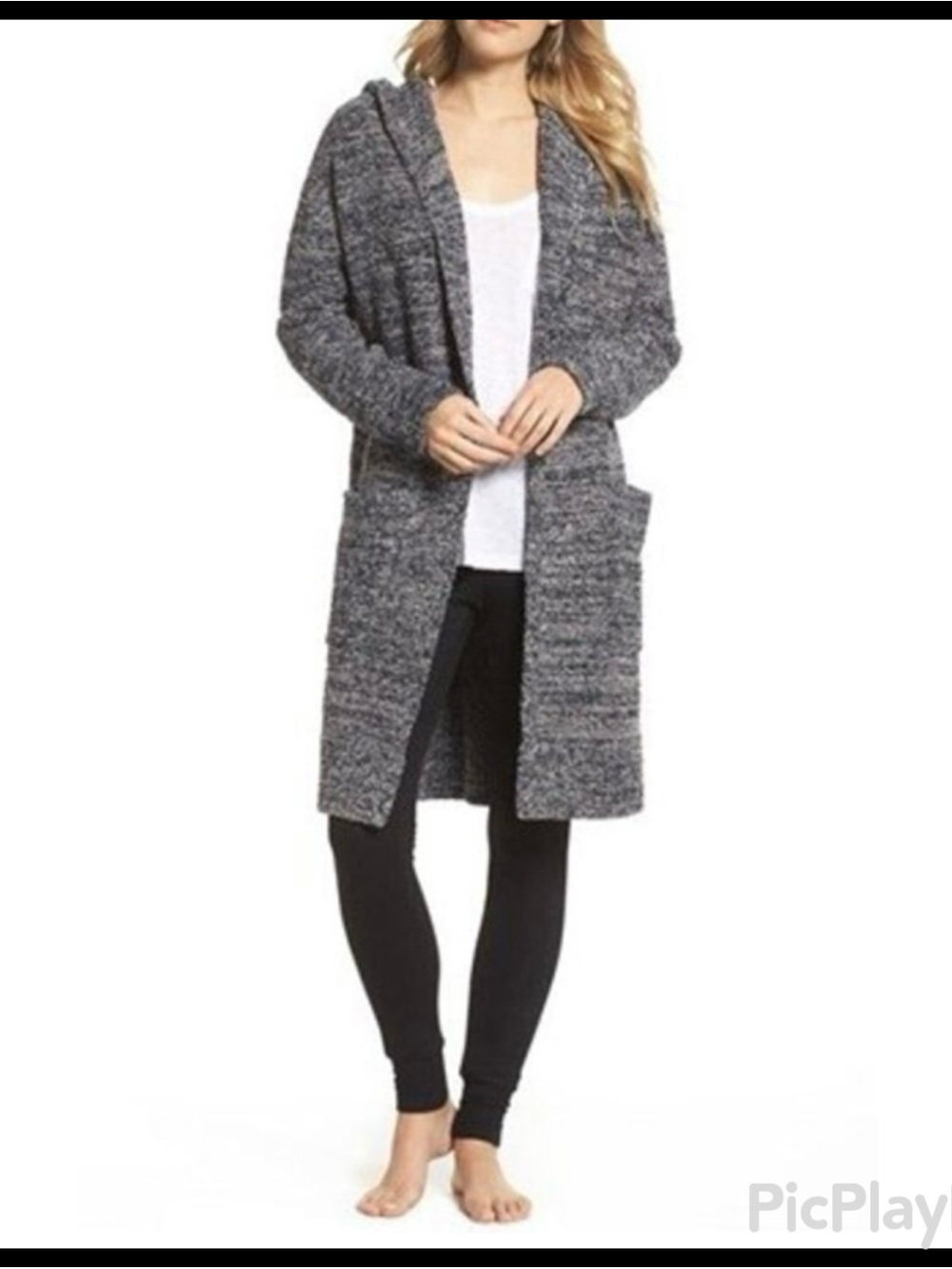 Barefoot Dreams CozyChic Marled Heathered Hooded Long Cardigan Size L (EUC)
